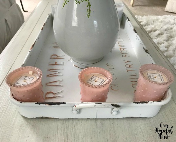 three pink hobnail candle holders white galvanized tray French country coffee table