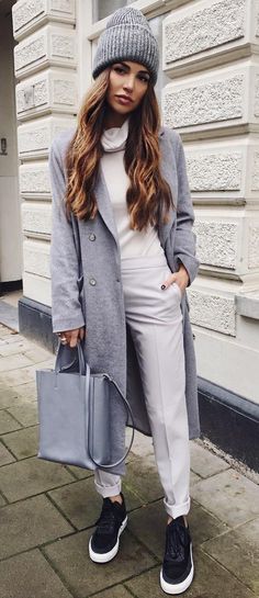 Fall fashion | Grey beanie with turtle neck white sweater and grey coat ...