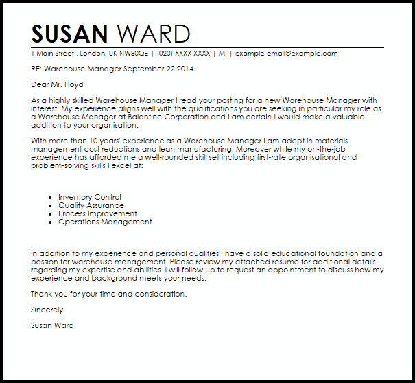 Warehouse Manager Resume Cover Letter Samples | Sample Letter