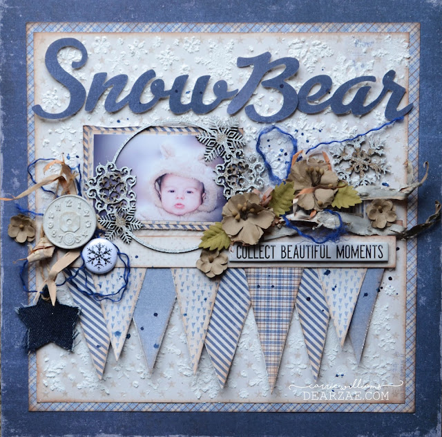 Blue and white with beige Winter "Snow Bear" Scrapbook Layout with texture paste snowflakes, plaid, snowflakes, chipboard, flair with flowers by 49&Market