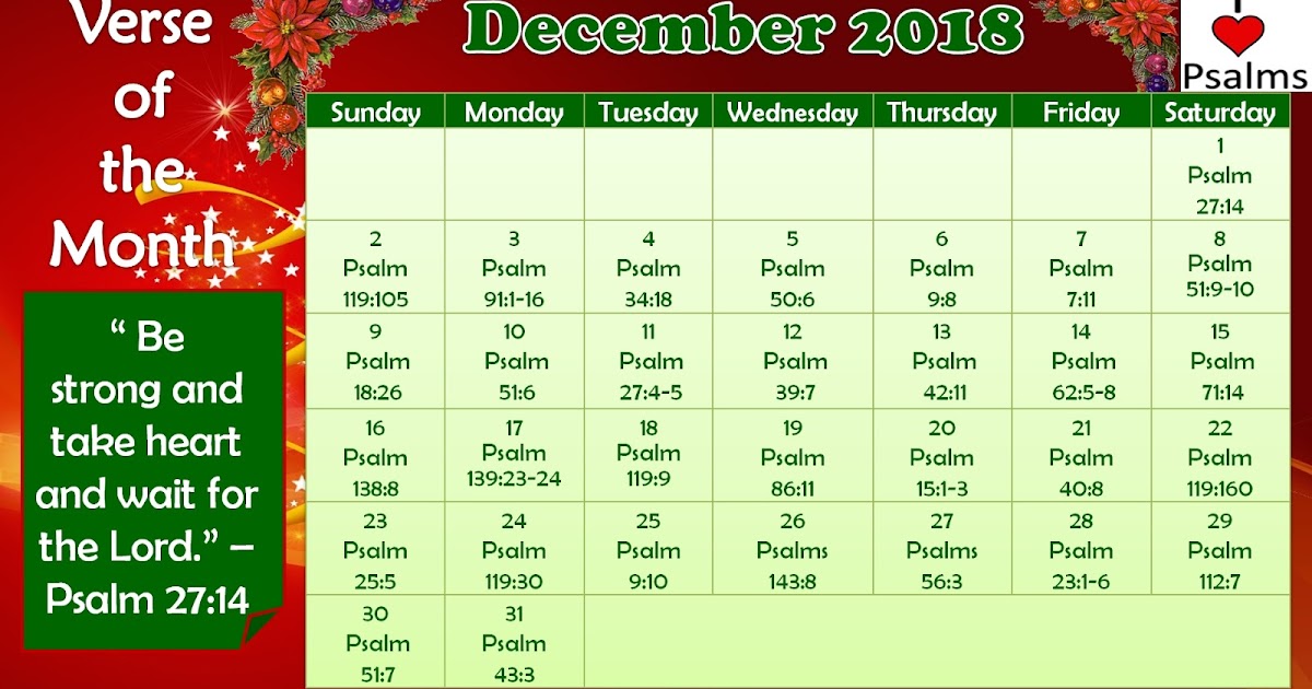 I Love Psalms Calendar - December 2018 - Printable Version