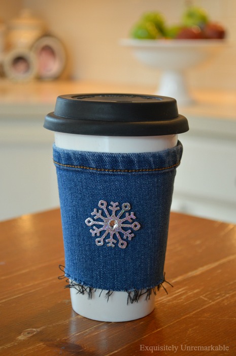 Denim cup cozy with snowflake embellishment
