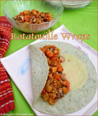 Ratatouille Wraps feature a tortilla with melted cheese and stuffed with a bounty of sautéed vegetables. | Recipe developed by www.BakingInATornado.com | #recipe #vegetables