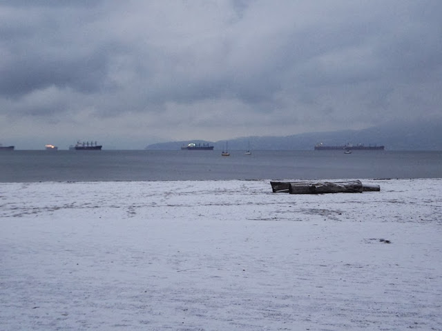 Kitsilano Beach under a layer of snow, and ships in the English Bay