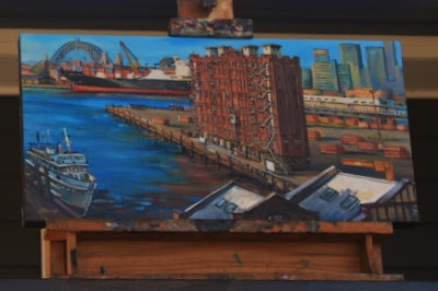Plein air oil painting of East Darling Harbour Wharves, Sydney Harbour and REVY, Darling Island in Pyrmont  painted by industrial heritage artist Jane Bennett