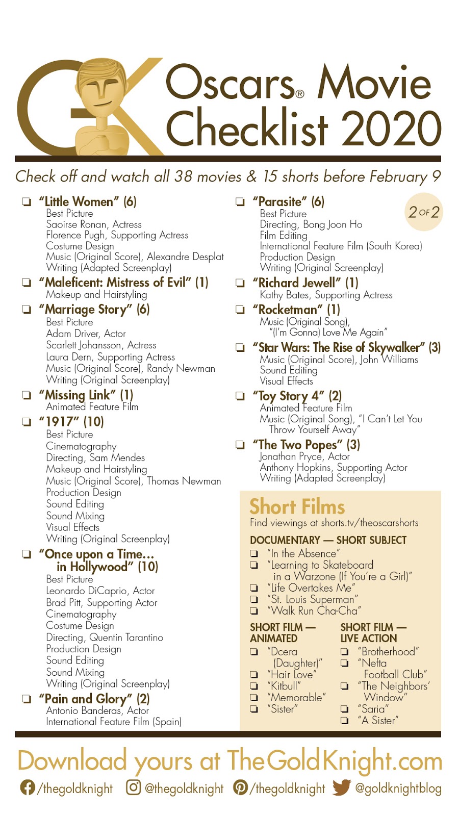 Oscars 2020 Download our printable movie checklist The Gold Knight Latest Academy Awards