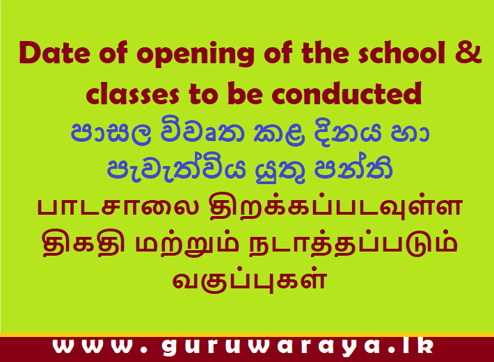  Date of opening of the school &  classes to be conducted 