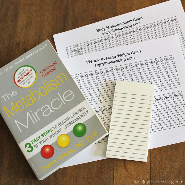 The Metabolism Miracle book, a notepad, weight chart, and measurement chart lying on a wooden table