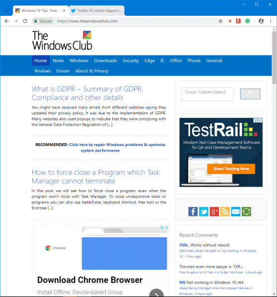 Uživatelské rozhraní Material Design v prohlížeči Google Chrome