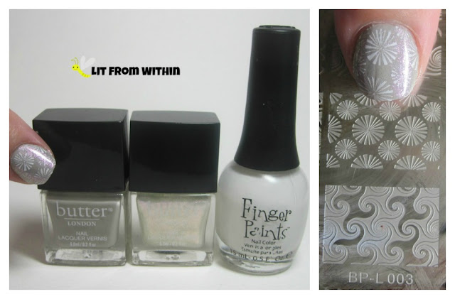 Bottle shot:  Butter London Vapour, Butter London Glad Rags, Finger Paints Paper Mache, and the stamp from BP-L003.
