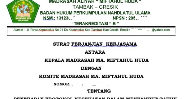 Contoh Format Surat Perjanjian Bersama Antara Kepala Madrasah Dengan Komite Madrasah Admin Bawean