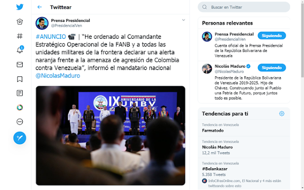 URGENTE: Maduro declara alerta naranja en la frontera con Colombia y ordena ejercicios militares. URGENTE: Maduro declara alerta naranja en la frontera con Colombia y ordena ejercicios militares.
