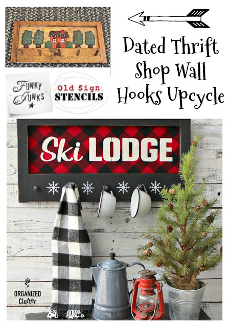 Thrift Shop Makeover of Dated Wall Art With Shaker Pegs  #stencil #oldsignstencils #buffalocheck #skilodgedecor #rusticdecor #thriftshopmakeover #upcycle
