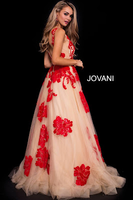 Nude Red Color Embellished Boat Neckline Red Carpet Jovani Design Dress