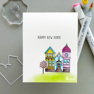 Hero Arts- Stamp and cut houses stamp, clean and simple card, cas cards, Copic markers, Congratulations, Quillish, 