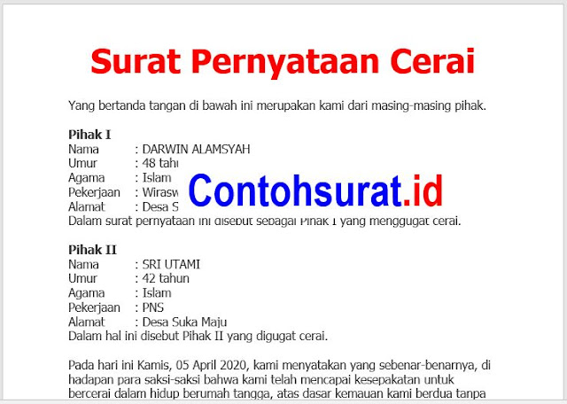 Contoh Surat Pernyataan Cerai Bersama Contoh Surat
