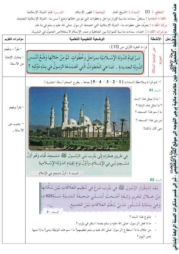 مذكرات السنة الرابعة 4 ابتدائي في مادة التاريخ المقطع الثاني درس قيام الدولة الاسلامية