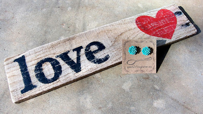 "Love" sign and teal earrings by Spoonful of Imagination