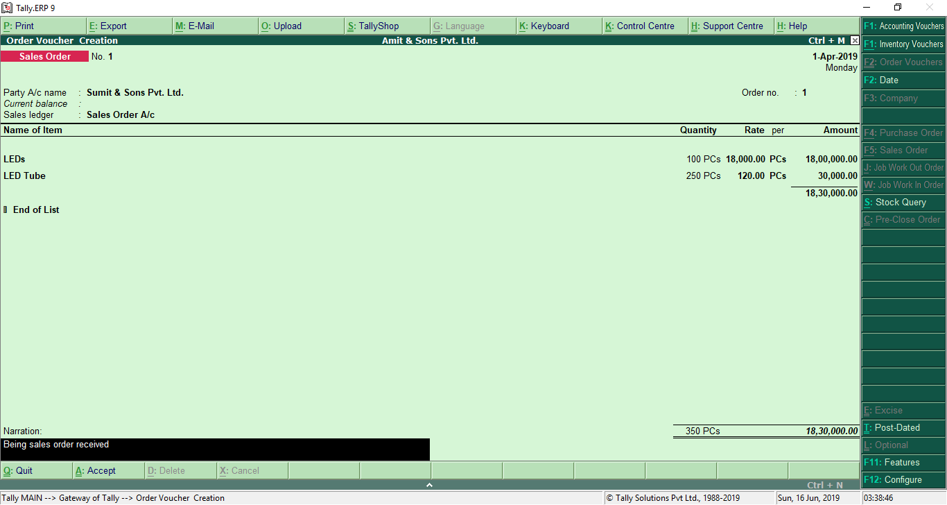 Sales order in tally
