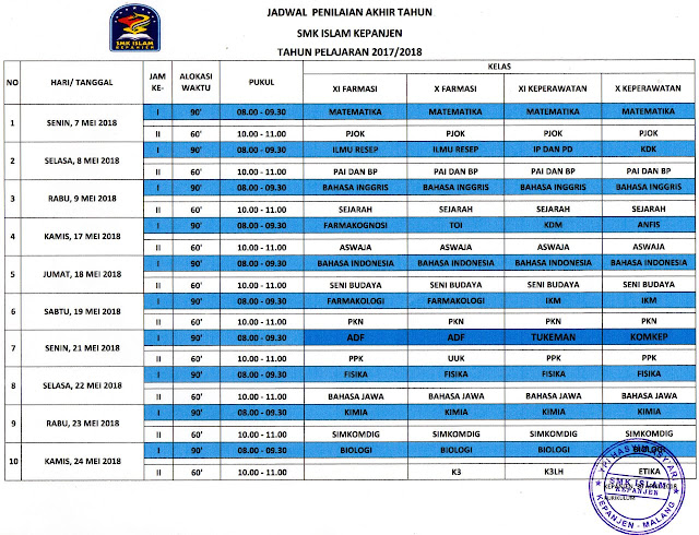 Jadwal Penilaian Akhir Tahun SMK Islam Kepanjen th 2017/2018