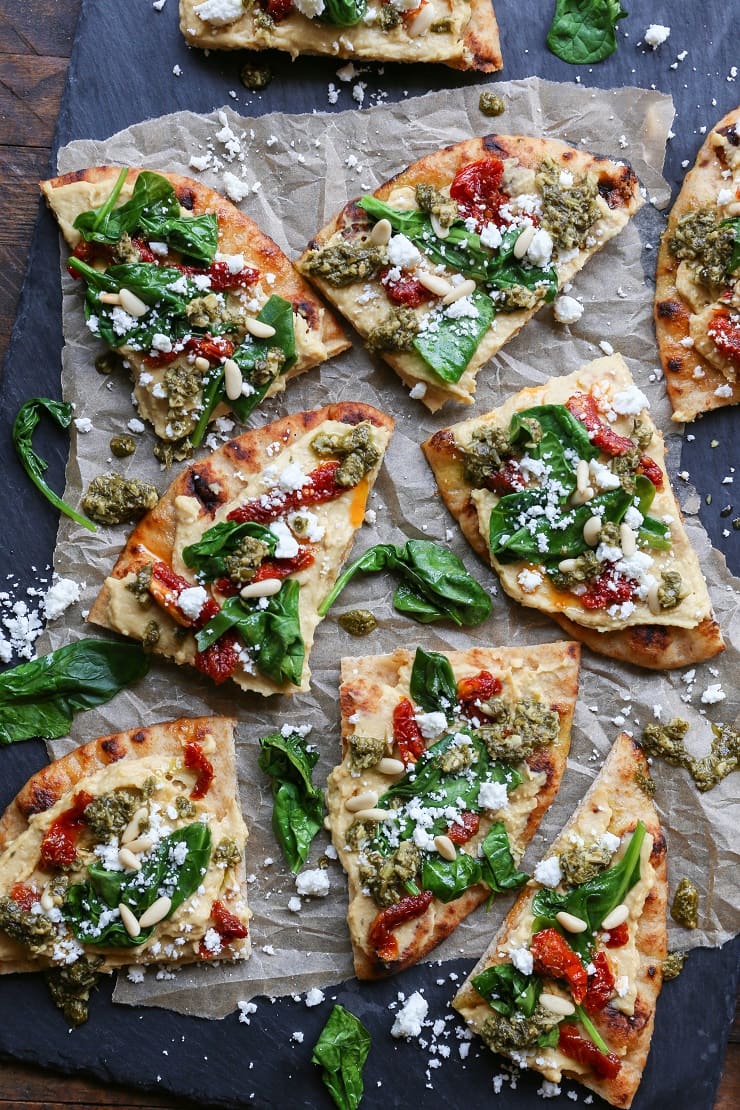 HUMMUS FLATBREAD WITH SUNDRIED TOMATOES & PESTO vegetarian dinner 
