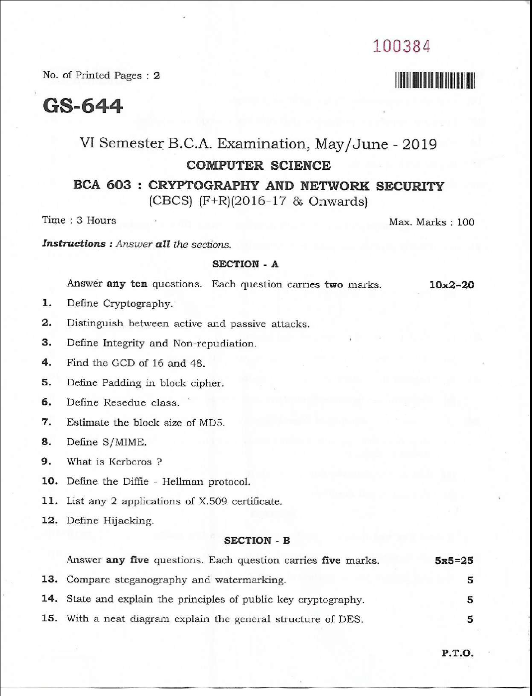 Bangalore University B.c.a. Computer Science Bca 603 Cryptography And