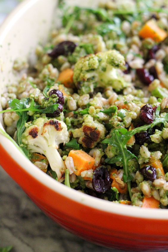 Warm Farro Bowl with Roasted Vegetables and a Kale Pesto Vinaigrette