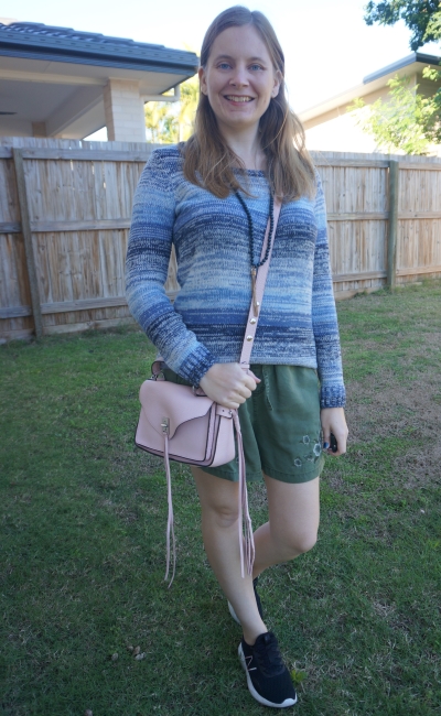 blue ombre stripe knit with olive shorts outfit with blush peony pink rebecca minkoff darren small messenger bag | awayfromblue