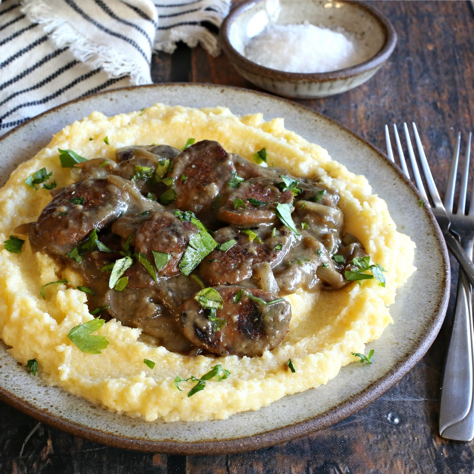 Hungry Couple Chicken Sausage with Creamy Polenta and Onion Gravy