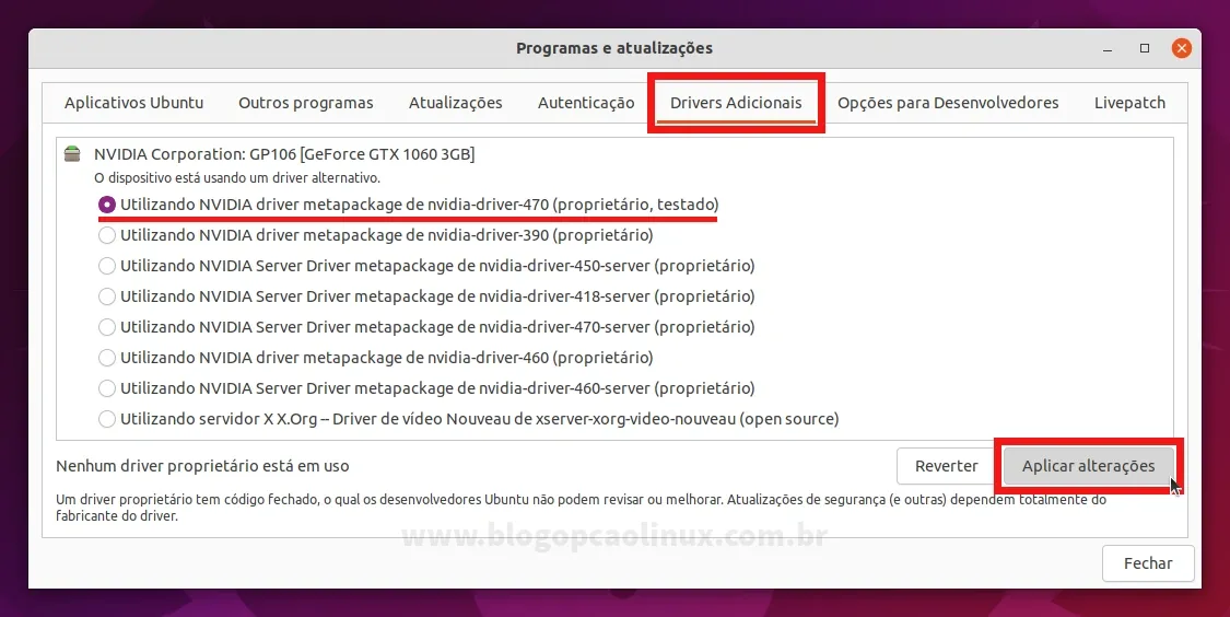 Instalando os drivers proprietários no Ubuntu 21.10 (Impish Indri)