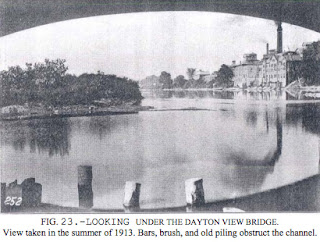 Copy of photo showing the Riverside Brewery from beneath the Dayton View Bridge after the 1913 flood.