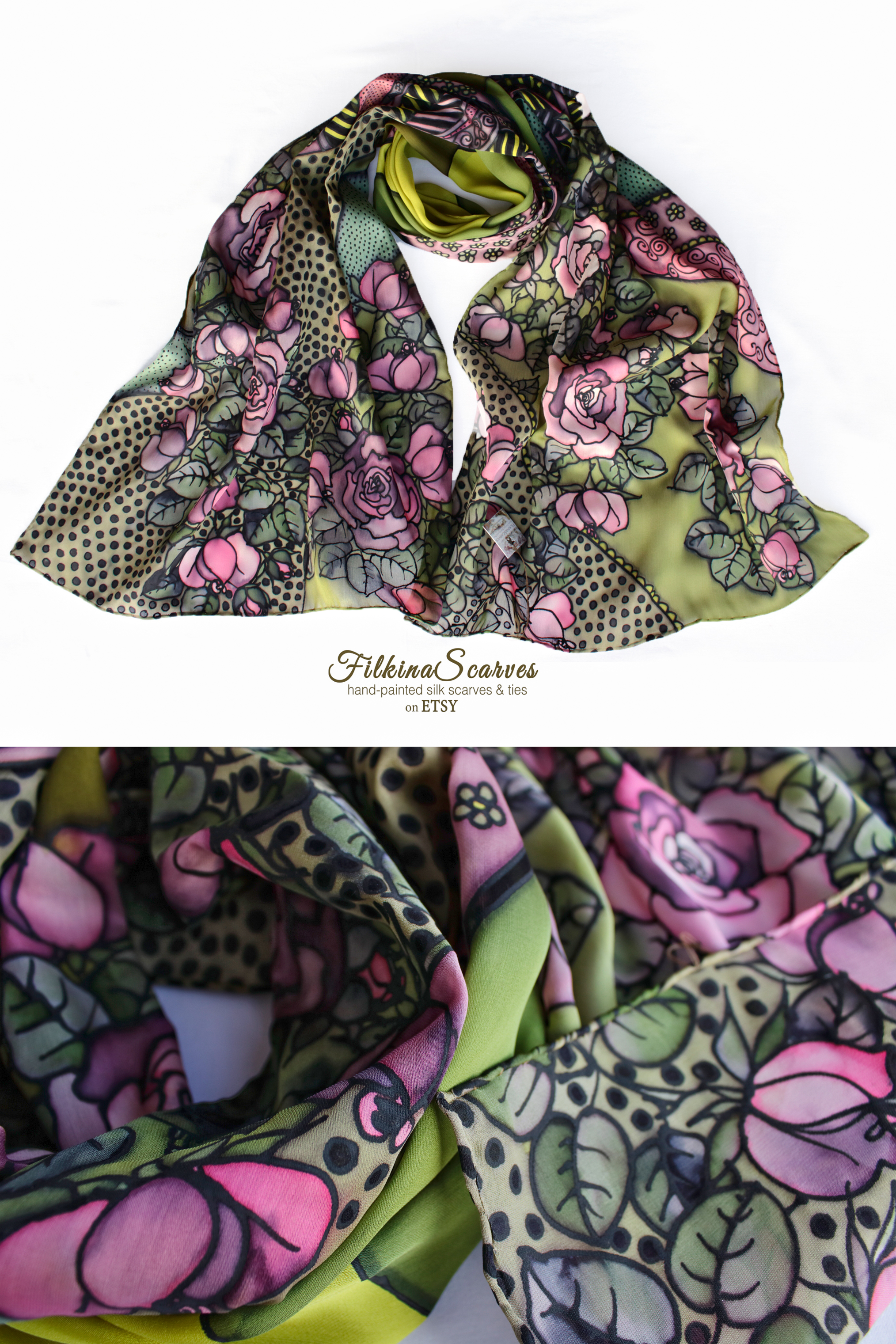 Chartreuse silk scarf with Roses HAND-PAINTED green chiffon shawl. Birthday gift for her. Mom from daughter unique gifts #chartreuse #scarf #womensfashion #giftforher #painted #roses #chiffon #FilkinaScarves #etsy #womens #accessories