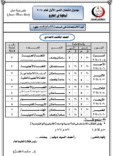 جداول امتحانات الصف الأول الابتدائى إلى الصف الثانى الثانوى الترم الثانى 2014 لدولة عمان 3pr