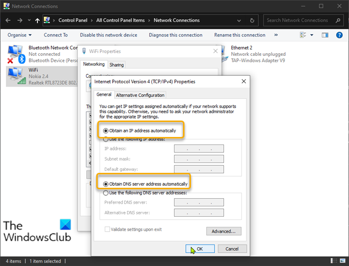 ตั้งค่าที่อยู่ IP และ DNS เป็นอัตโนมัติ