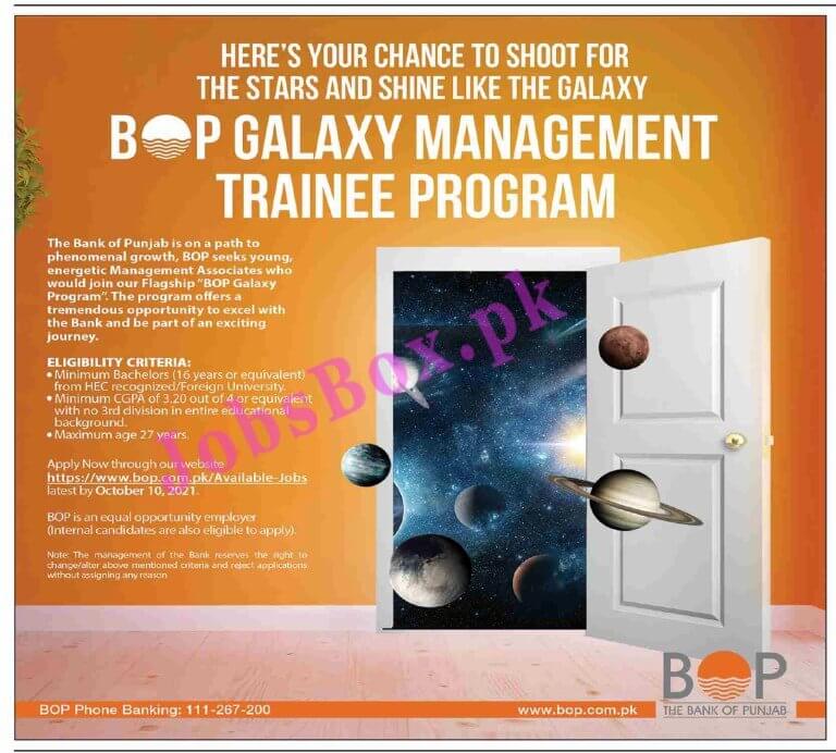 BOP Galaxy Management Trainee Program 2021 in Pakistan - BOP Jobs 2021 - Bank of Punjab Jobs 2021