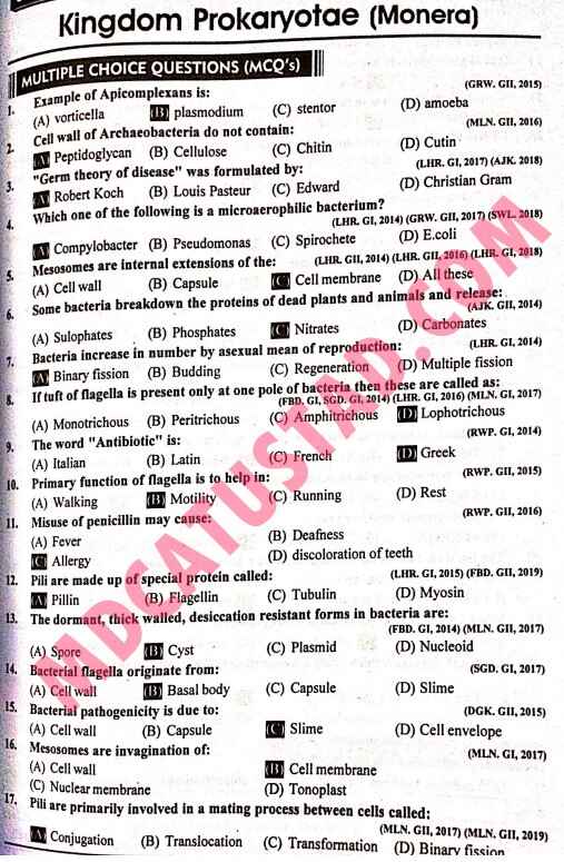 MCQs of Biology 1st Year Chapter 6 MDCATustad