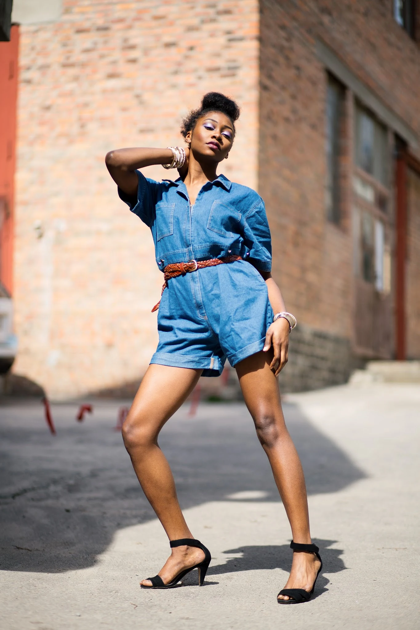 How to pose in a denim playsuit