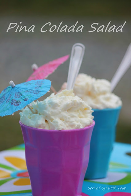 Creamy coconut and pineapple flavored pudding in purple and blue cup