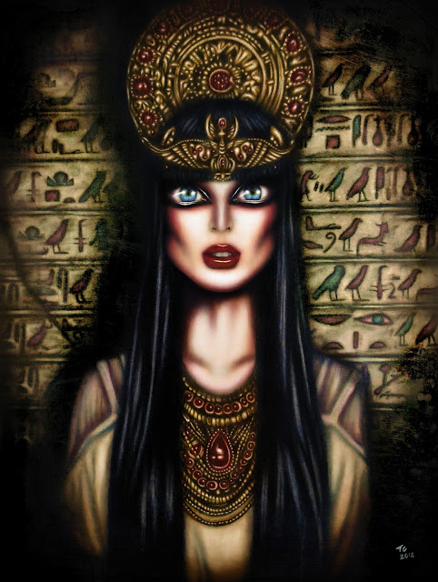 painting of cleopatra with blue eyes a crown and hieroglyphs behind her by tiago azevedo a lowbrow pop surrealism artist
