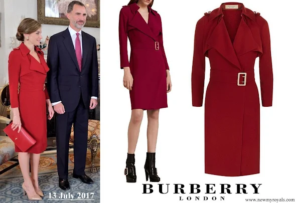 Queen Letizia wore Burberry Buckle Detail Satin Back Crepe Trench Dress