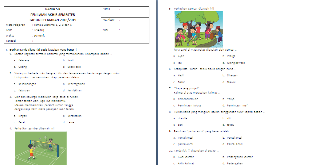 Soal PAS Kelas 2 SD/MI Tema 8