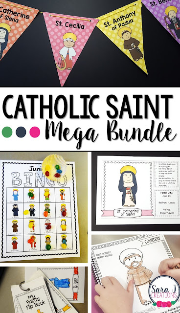 Catholic saints mega bundle includes different ways to teach about 78 Catholic saints - from bingo, to reward tags, to interactive notebooks, to matching cards, coloring books and more! This bundle has you covered!!!