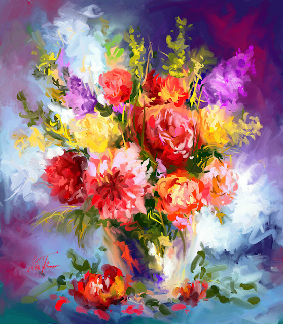 Spring flowers in vase digital still life painting by Mikko Tyllinen