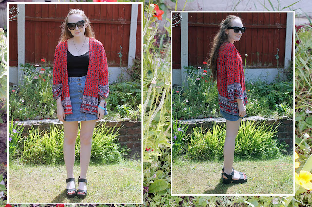 red patterned new look kimono, cat eye sunglasses, denim button up mini skirt and black chunky sandals