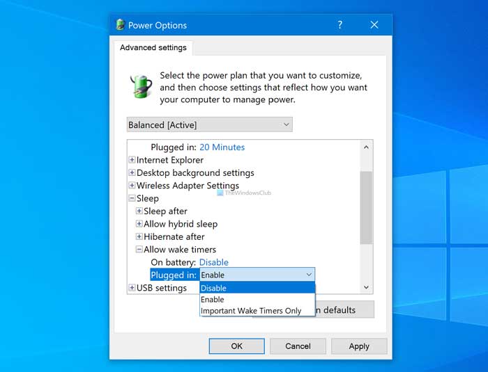 Как включить или отключить Разрешить таймеры пробуждения в Windows 10