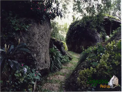Pisadeira de pedra no jardim, com pedra moledo tipo chapada, com tamanhos entre 40 cm e 60 cm em jardim de residência em condomínio em Atibaia-SP.