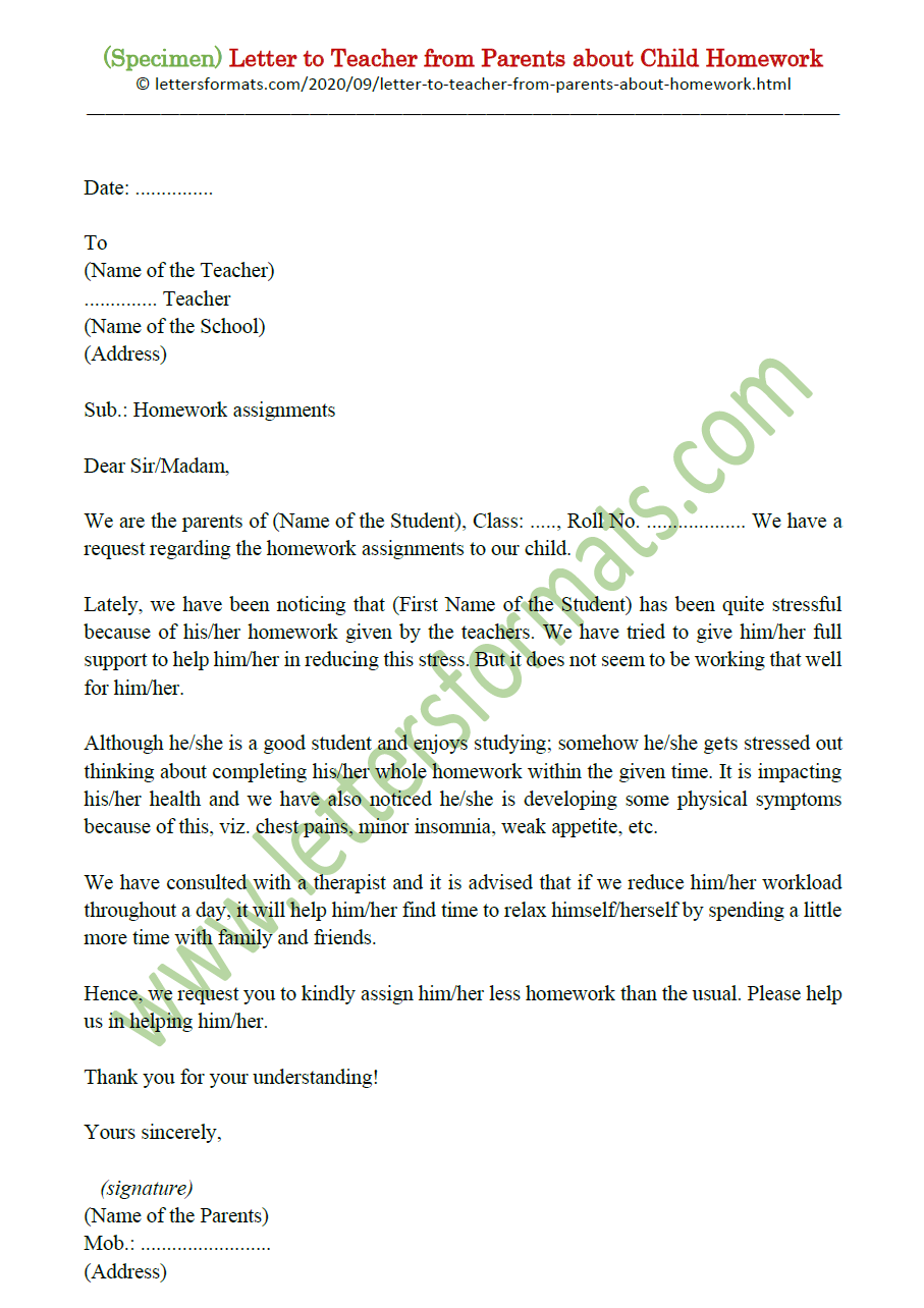 sample letter to teacher about homework