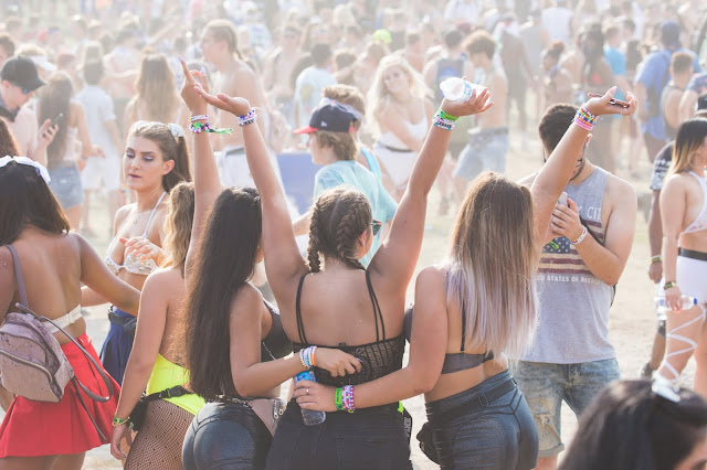 Music festival crowd with three revelers in black tops and jeans in the foreground.