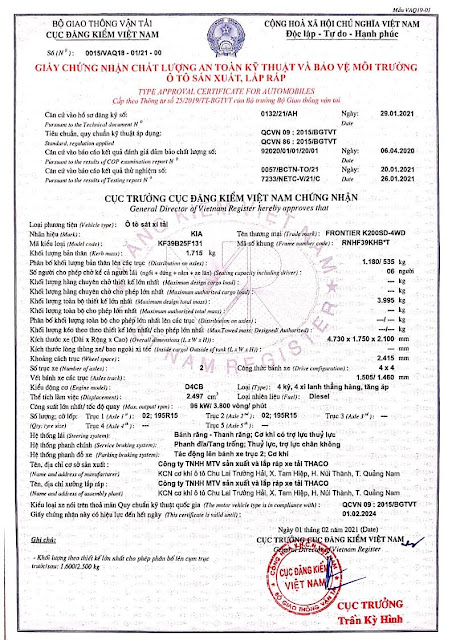 Giấy chứng nhận an toàn xe bán tải Kia K200SD cabin kép Giấy chứng nhận an toàn xe bán tải Kia K200SD cabin kép