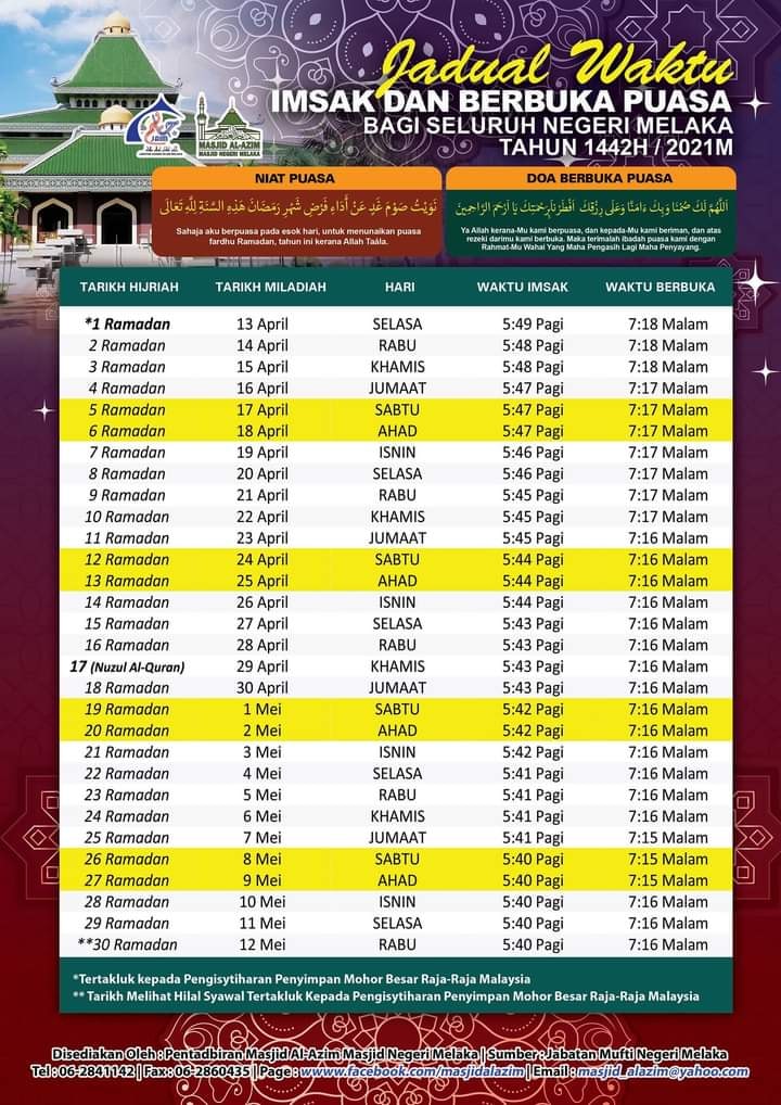 2021 melaka waktu azan Jadual Waktu